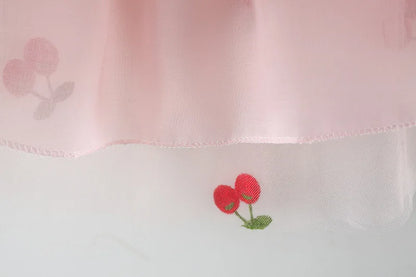Baby Girl Cherry Dress, Pink or White Layered Skirt with Blue Ruffle Shoulder Straps and Front Bow for Summer Parties and Birthday Photos