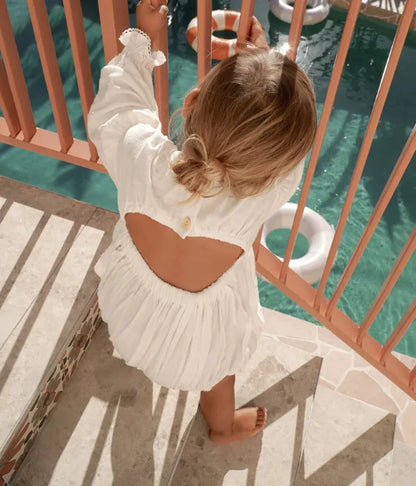 White Long Sleeve Baby Romper with V-Neck Lace and Open-Back Detail, Nordic-Inspired One-Piece Outfit for Family Photos, Sizes 66-100cm