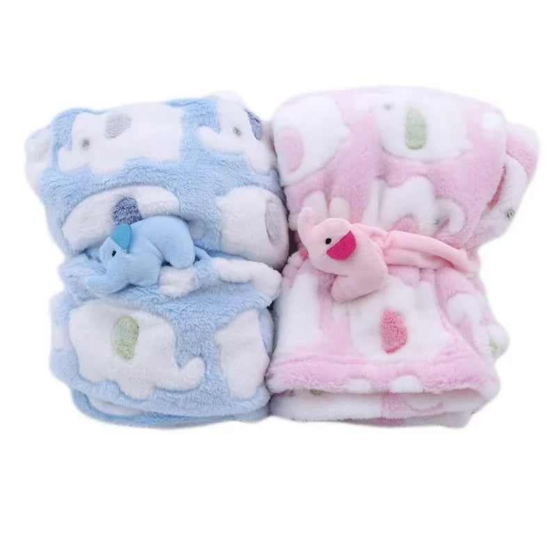 Coral Velvet Elephant Baby Blanket with Listed Dual-Use Pillow Quilt Design, Pink and Blue Textile Accessory for Supervised Cuddles and Baby Shower Gifts