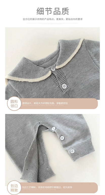 Sailor Collar Baby Knit Romper with Long Sleeves and Button Fastenings, Footless One-Piece Outfit in Gray, Stripe or Dark Blue, Sizes 66-100
