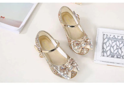 Bow-Accent Glitter Mary Jane Shoes for Girls with Buckled Strap and Block Heel, Sparkling Princess Dress Shoes for Parties and Weddings