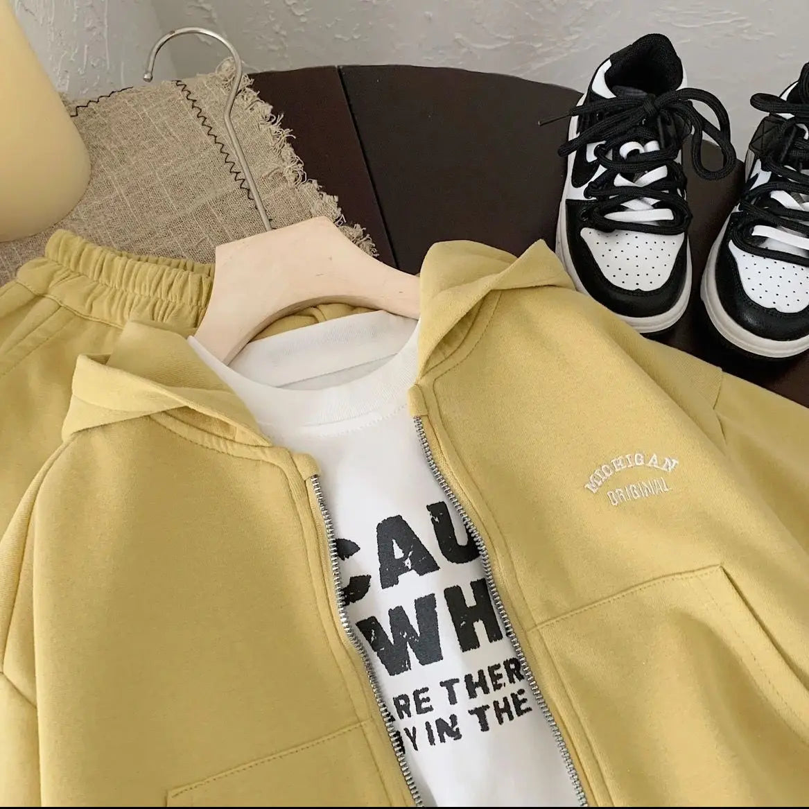 Kids Zip-Up Hoodie and Jogger Pants Set in Yellow or Gray, Two-Piece Casual Outfit with Letter Detail for Boys and Girls, Sizes 90-140cm