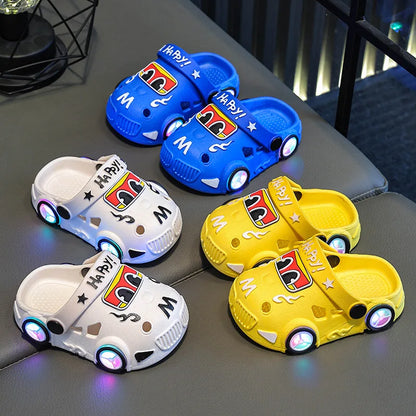 Kids Light-Up Car Clogs with Glowing Wheel Details, Ventilated Closed-Toe Design and Pivoting Heel Strap for Playful Summer Casual Outfits