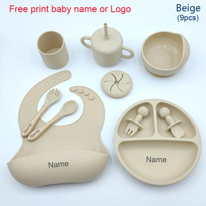Nine-Piece Personalized Silicone Feeding Set with Suction Bowl, Divided Plate, Pocket Bib, Cups and Utensils for Supervised Baby Mealtimes