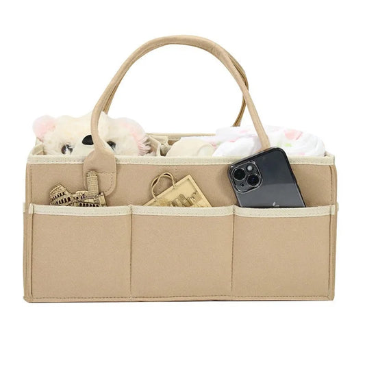 Felt Diaper Caddy with Carry Handles and Outer Pockets, Large-Capacity Baby Storage Organizer for Nursery Essentials, Diapers and Toys