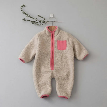 Zip Front Baby Fleece Romper by MILANCEL with Contrast Chest Pocket, Long Sleeve Footless One-Piece Outerwear in Brown, Beige and Green, 3-24M