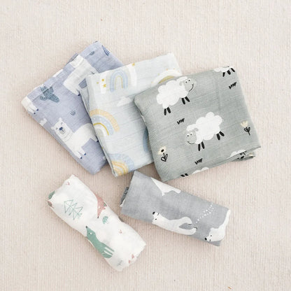 Bamboo Cotton Muslin Blanket Set, 5-Pack 60 x 60 cm Baby Cloths for Burping, Everyday Feeding Cleanup and Baby Shower Gifts by Kangobaby