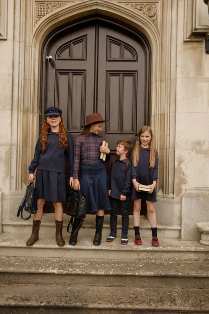 Kids Matching Varsity Outfits, Navy Embroidered Tops, Denim Skirts and Dresses for Babies, Boys and Girls, Sibling Photos and Fall Layering