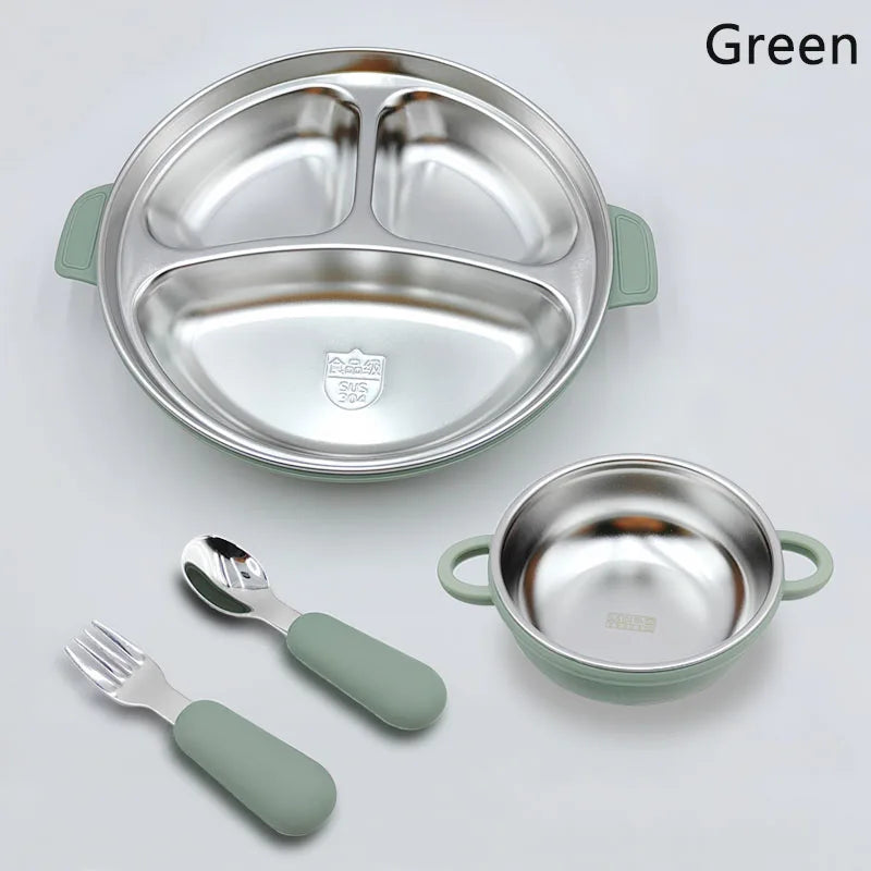 Stainless Steel Baby Feeding Set, 4-Piece Tableware with Three-Section Suction Plate, Handled Bowl, Spoon and Fork in Four Colors