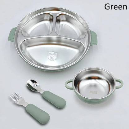 Stainless Steel Baby Feeding Set, 4-Piece Tableware with Three-Section Suction Plate, Handled Bowl, Spoon and Fork in Four Colors