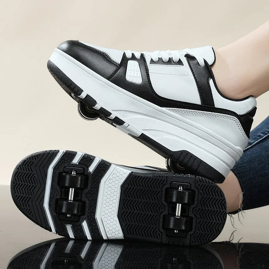 Four-Wheel Roller Shoes for Kids, Lace-Up Wheeled Sneakers in Black or Pink with Front and Rear Wheel Sets for Supervised Skating Practice