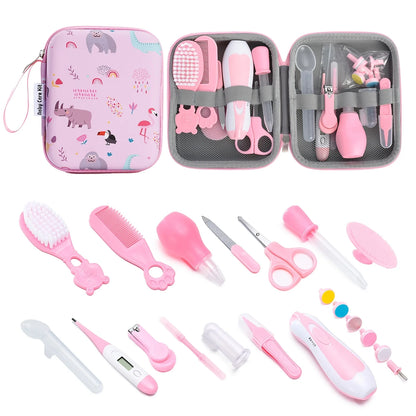 20-Piece Baby Grooming Kit with Electric Nail Trimmer, Digital Thermometer, Hair Brush, Comb and Animal-Print Travel Case in Blue or Pink