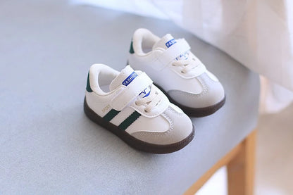 Toddler Twin Stripe Strap Sneakers with Faux PU Uppers and Lace Details, Black, Beige or Green Casual Shoes for Boys and Girls, 11.8-16 cm Inner Lengths