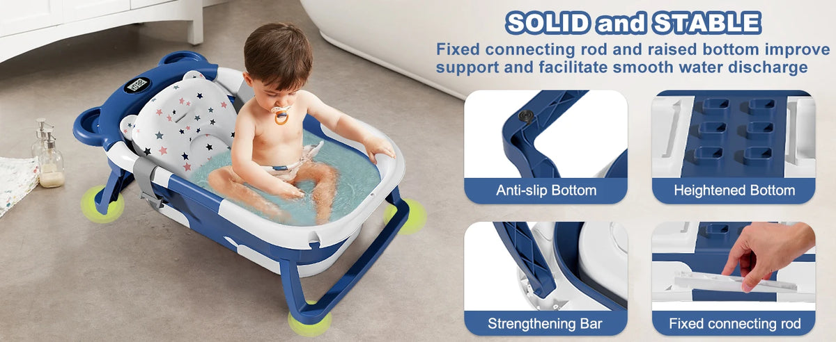 Travel Baby Bathtub with Thermometer and Soft Floating Cushion, Collapsible PP and TPE Bath Tub with Drain Plug for Supervised Infant and Toddler Bathing
