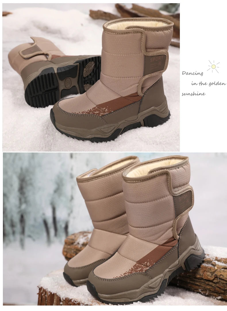 High-Top Kids Snow Boots with Hook-and-Loop Side Straps, Padded Shafts and Chunky Tread Soles for Winter Outings, Chinese Sizes 31-42