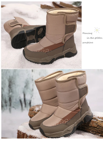 High-Top Kids Snow Boots with Hook-and-Loop Side Straps, Padded Shafts and Chunky Tread Soles for Winter Outings, Chinese Sizes 31-42