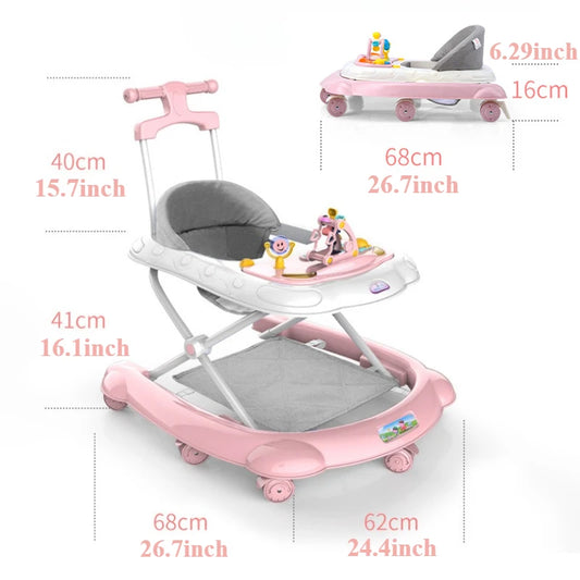 Musical Baby Walker with Spinning Toy Tray, Rear Push Handle and Foldable Frame, Three Height Positions in Pink, Green or Blue for Supervised Indoor Use