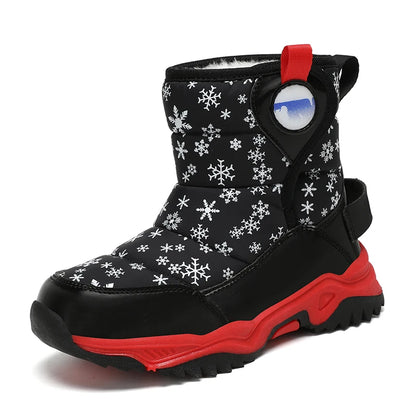 Snowflake Print Kids Winter Boots with Padded Shafts, Pull Tabs and Chunky Tread Soles, Pink Snow-Style Footwear for Boys and Girls