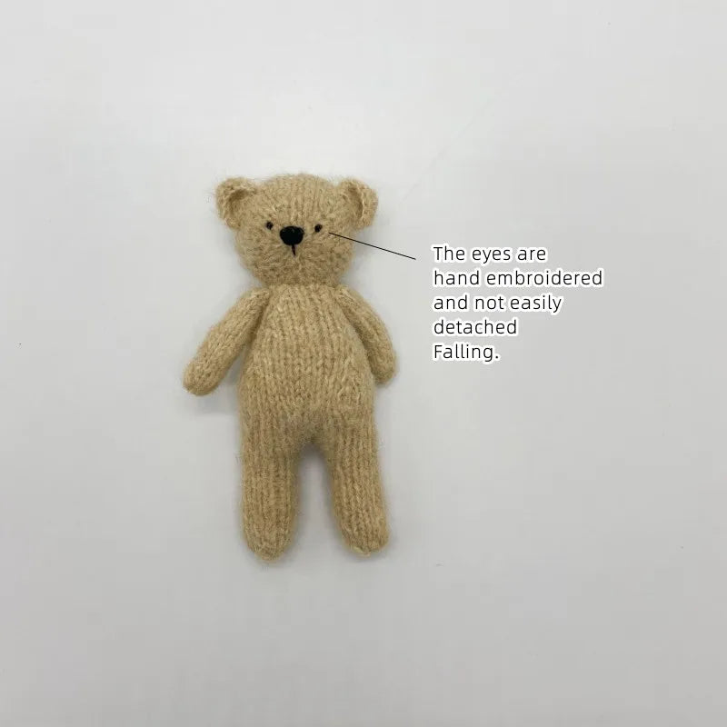 Newborn Bear Photography Outfit with Long Sleeve Knitted Romper and Bear Ear Bonnet, Optional Knit Toy for Baby Boys and Girls Portrait Sessions