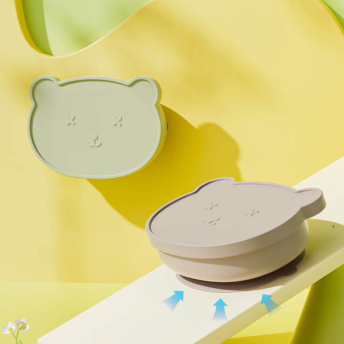 Bear-Shaped Silicone Baby Plate with Lid, Anti-Slip Feeding Dish with Raised Sides for Supervised Infant and Toddler Meals in Four Colors
