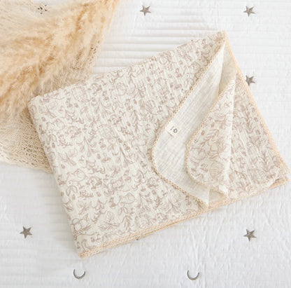 Large Muslin Baby Blanket, 150 x 120 cm Two-Layer Cotton Receiving Wrap with Floral Prints and Decorative Scalloped Edges for Supervised Cuddles