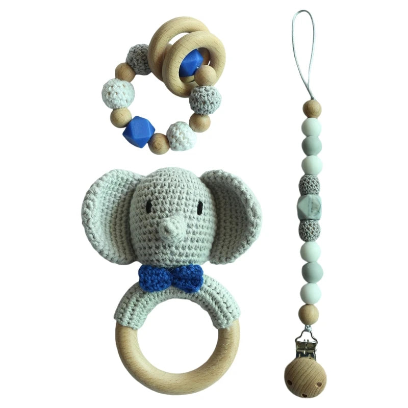 Crochet Animal Rattle Set with Wooden Ring and Coordinating Accessories, Rabbit, Deer and More Designs for Supervised Play and Baby Shower Gifts