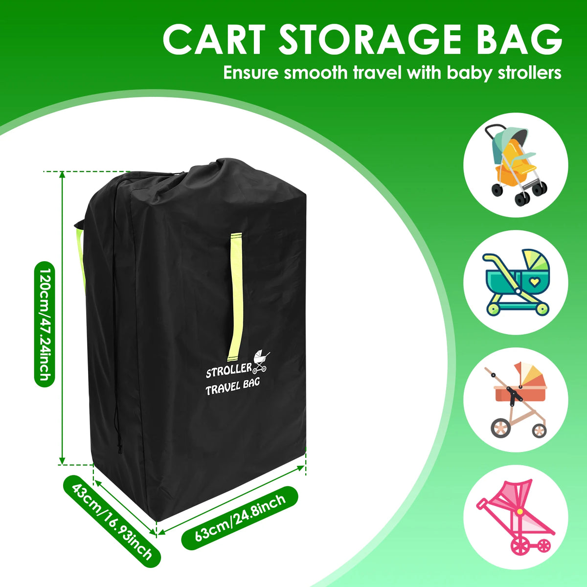 Stroller Transport Cover Bag in 300D Oxford Cloth, Black Drawstring Travel Storage with Carry Strap and Name Tag Area for Flights and Road Trips