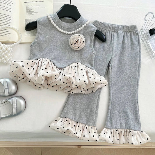 Girls Ruffle Top and Pants Set with 3D Flower Detail, Sleeveless Two-Piece Outfit Styles in Pink, Black or Gray for Birthdays and Family Photos