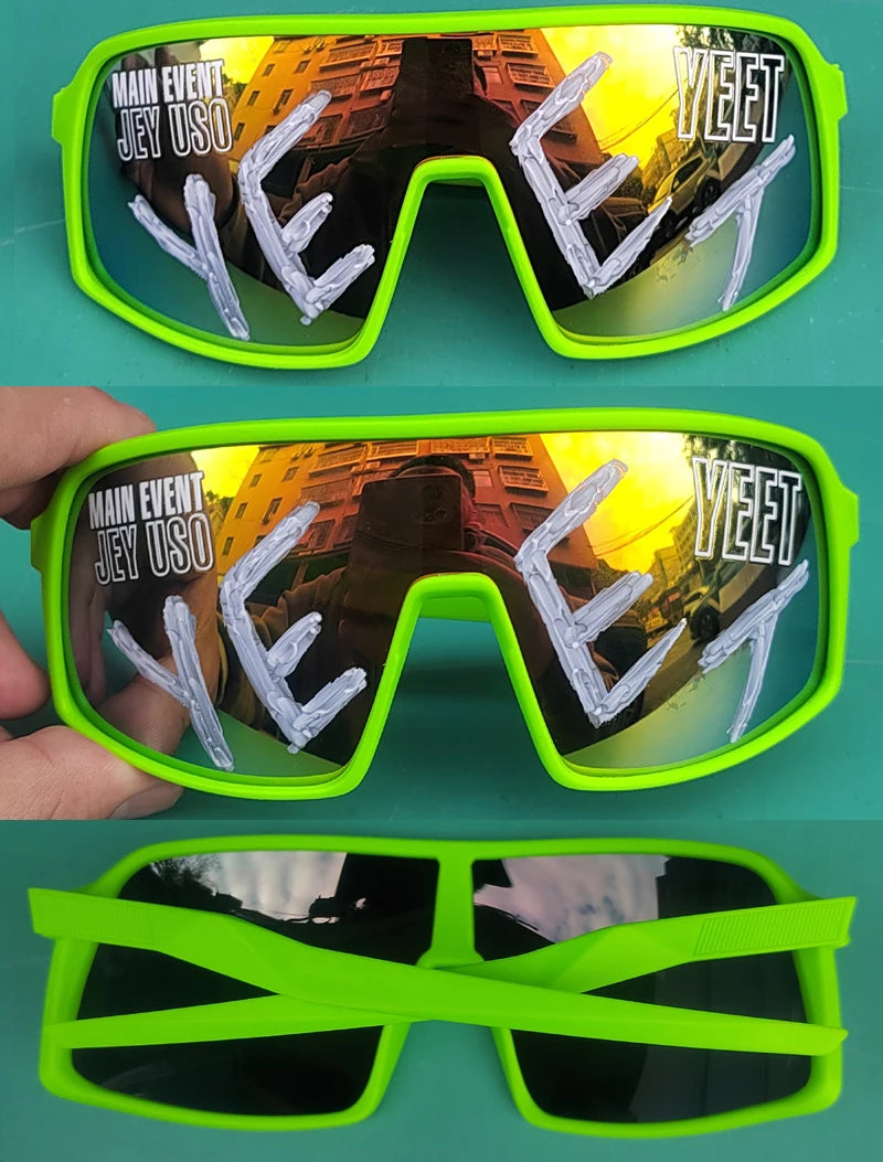 YEET Graphic Sunglasses with Jey Uso Main Event Lettering, Colorful Shield-Style Fan Shades in Children's and Adult Options for Party Outfits