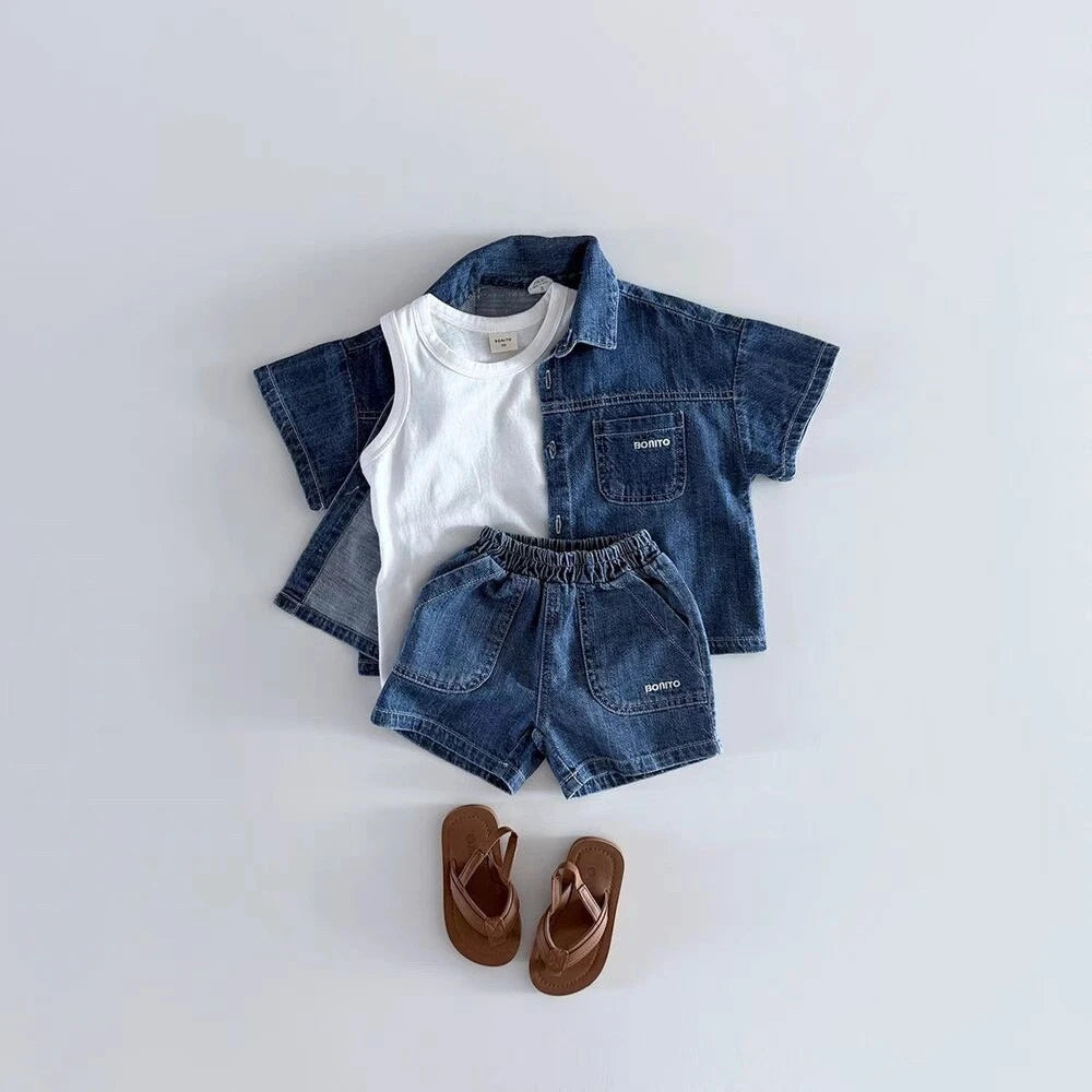 Toddler Denim Shirt and Shorts Set with Short Sleeves, Button Front and Elastic Waist, Dark or Light Blue Two-Piece Outfit for Boys and Girls