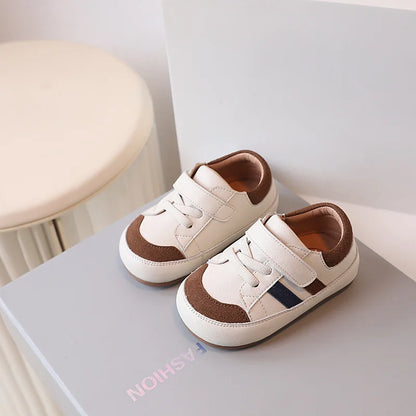 Baby Colorblock Strap Sneakers in Microfiber Leather, DIMI Low-Top Casual Shoes for Boys and Girls in Blue Pink or Brown, Spring and Fall Outfits