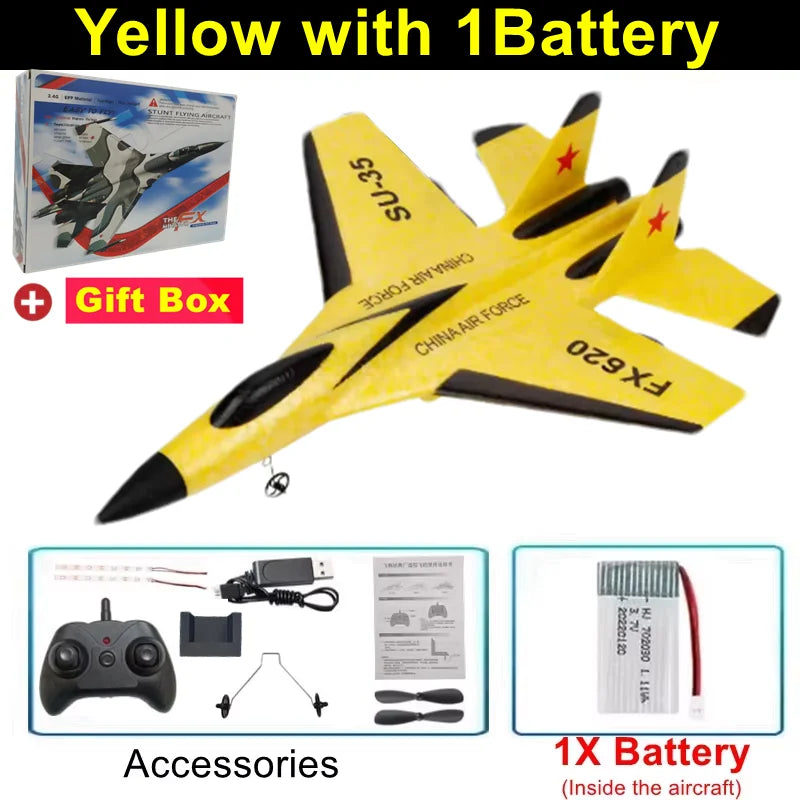 RC Airplane SU35 Fighter, Oike EPP Foam Plane with 2.4 GHz Control, Gyroscope and LED Lights for Outdoor Flying, One or Two Battery Options