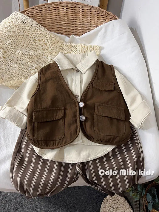 Baby and Toddler Collared Button-Up Shirt with Long Sleeves and Chest Pocket, Beige or Brown Unisex Casual Top for Spring and Fall Family Outfits