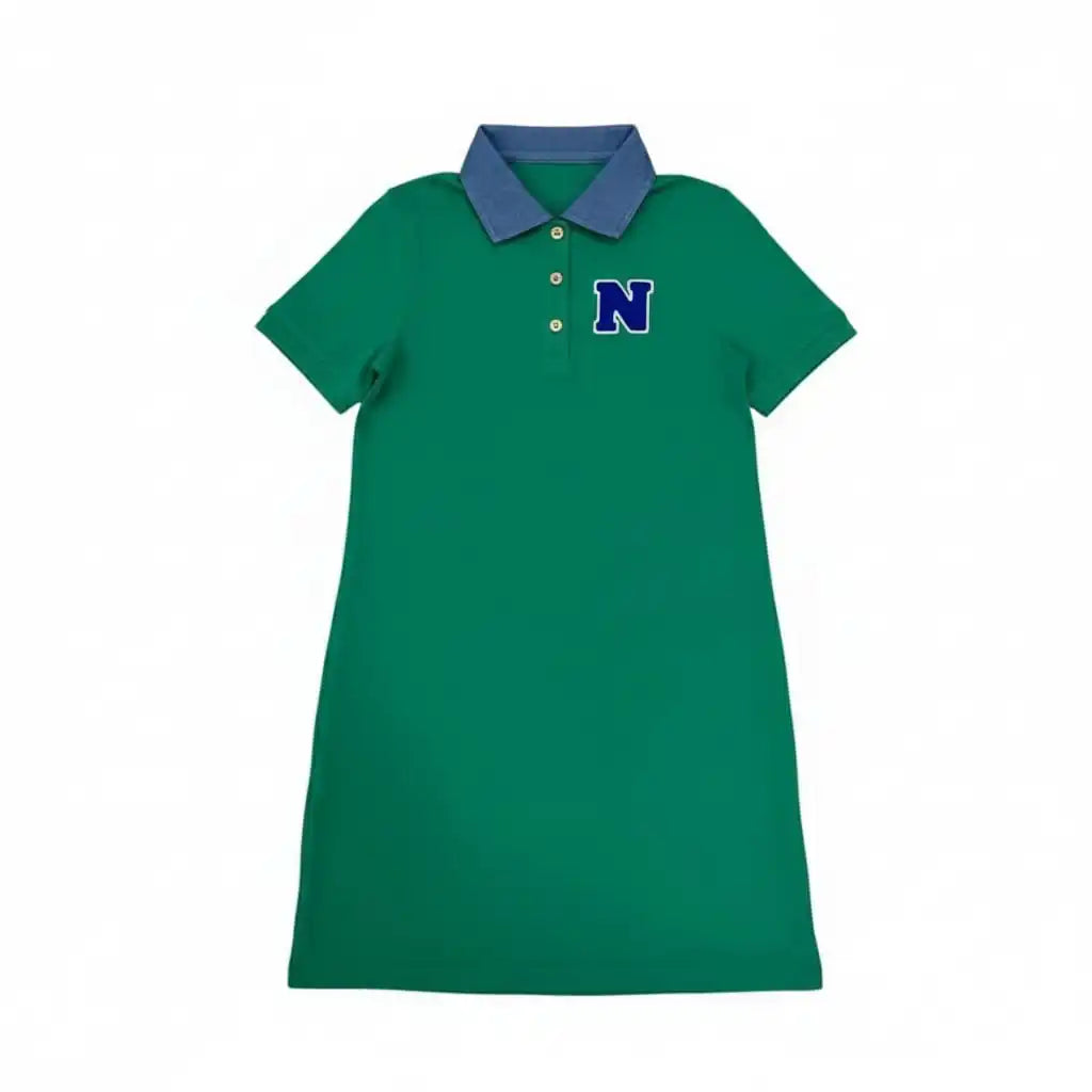 Green Polo Kids Outfits with Navy Letter Patch, Coordinating Girls Dresses, Boys Shirts and Shorts and Baby Girl Set Styles for Family Photos
