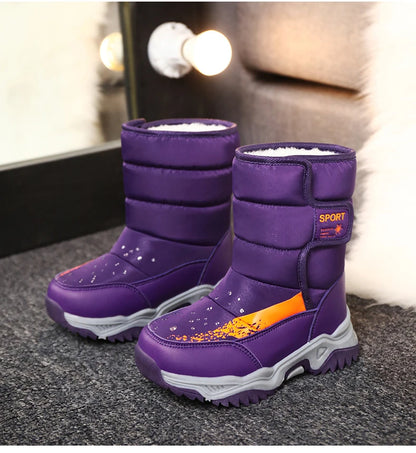 Kids Plush-Lined Winter Boots with Padded Shafts and Front Flap Closures, Pink or Purple Snow-Style Footwear for Boys and Girls