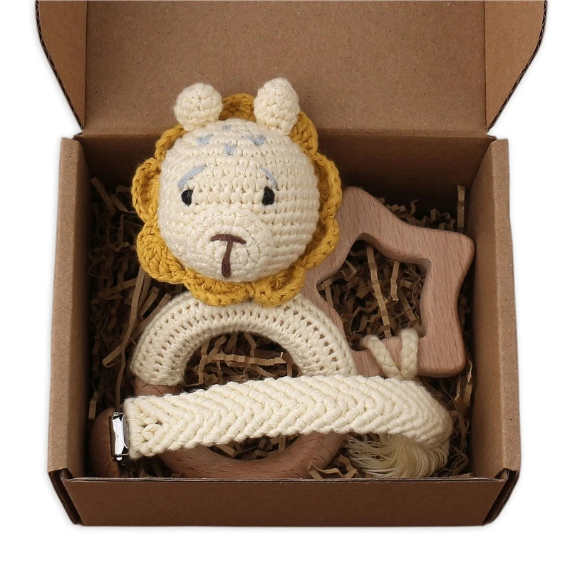 Crochet Animal Rattle Set with Wooden Ring and Coordinating Accessories, Rabbit, Deer and More Designs for Supervised Play and Baby Shower Gifts