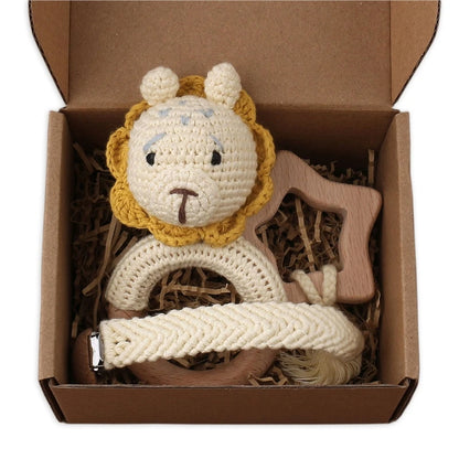 Crochet Animal Rattle Set with Wooden Ring and Coordinating Accessories, Rabbit, Deer and More Designs for Supervised Play and Baby Shower Gifts
