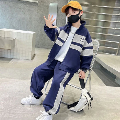 Colorblock Boys Tracksuit with Stand-Collar Zip-Up Jacket and Matching Jogger Pants, Gray or Navy Two-Piece Casual Outfit for Ages 4-12