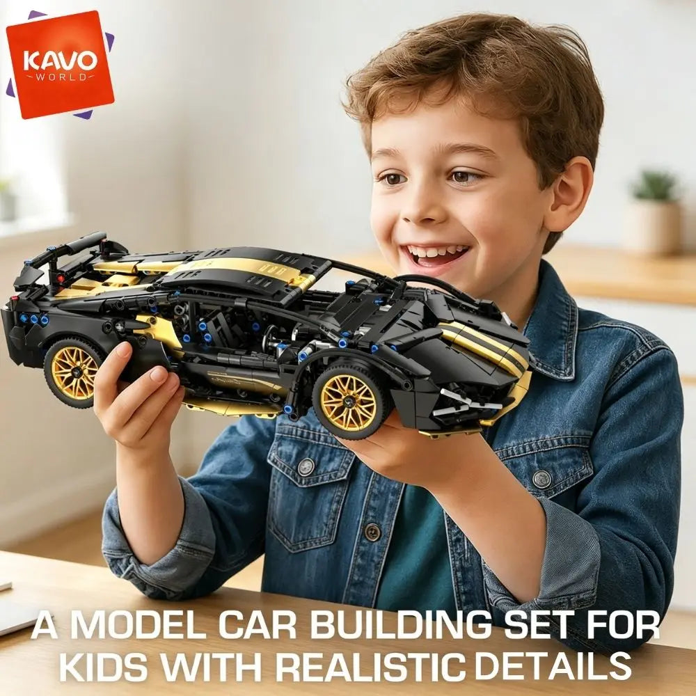 Supercar Building Set, 1280-Piece Black and Gold 1:14 Scale Sports Car Model with Adjustable Rear Wing and Opening Cockpit by KAVOWORLD