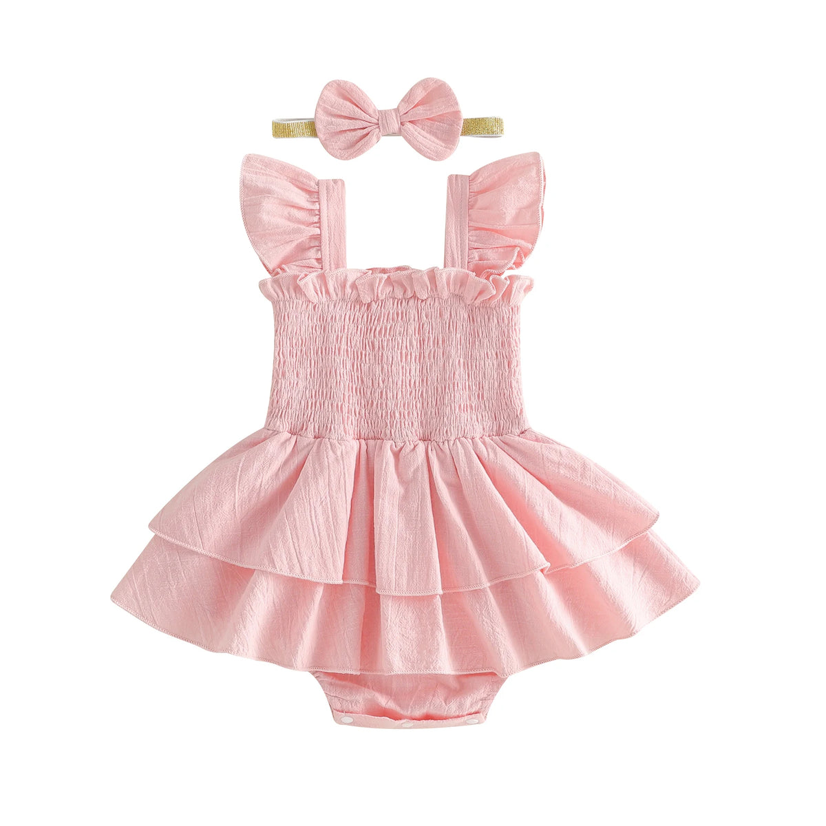 Tiered Baby Girl Romper Dress with Bow Headband, Smocked Cotton Blend Bodice and Flutter Straps, Solid Color Summer Outfit for 0-18 Months