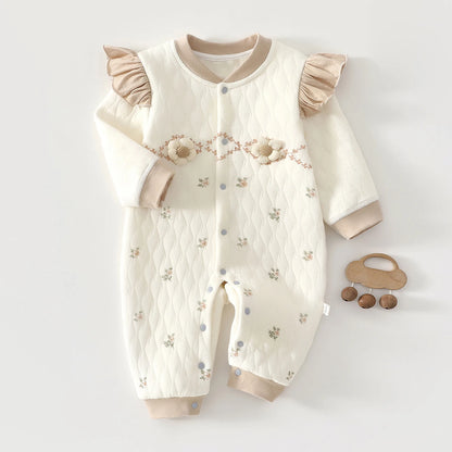 Quilted Baby Snap-Front Romper with Cartoon Dog or Dinosaur Details, Long Sleeve Footless Jumpsuit with Contrast Cuffs for Infant Everyday Outfits