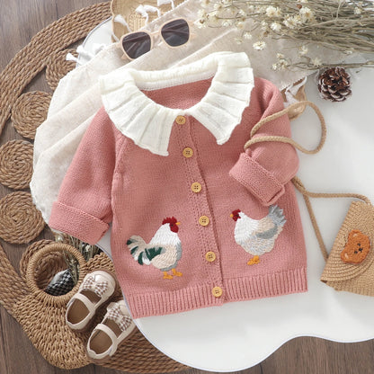 Rooster Embroidered Baby Girl Cardigan with White Ruffle Collar, Long Sleeve Button-Front Knit Sweater in Pink or Green, Sizes 6 Months to 3 Years