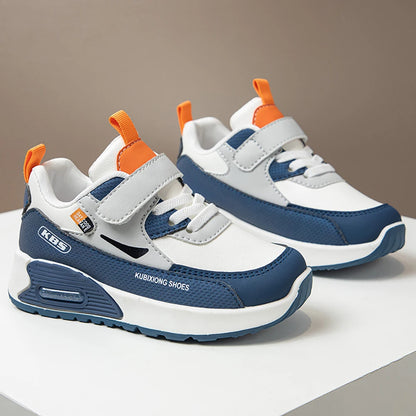 Color-Block Kids Running Shoes with PU Leather Upper, Soft Rubber Sole and Strap Closure for Boys and Girls, School Days and Outdoor Play