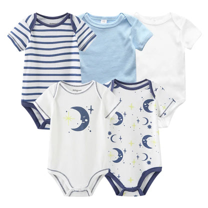 Infant Cotton Bodysuits 5-Pack with Short Sleeves and Envelope Shoulders, Solid Colors and Playful Prints for Baby Boys and Girls, Sizes 3M-12M
