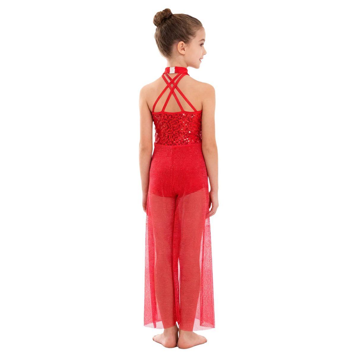 Girls Sequin Dance Jumpsuit with Split Wide-Leg Mesh, Sleeveless Mock Neck and Crisscross Back for Lyrical Recitals and Stage Performances