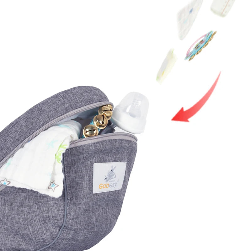 Waist-Mounted Baby Hip Seat with Padded Shoulder Strap and Zippered Storage Pockets, Gray or Black Carrying Accessory for Everyday Parent Outings