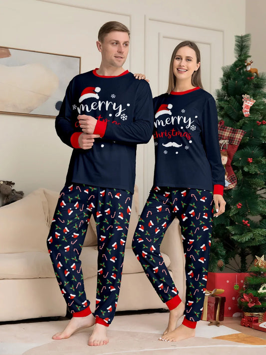 Merry Christmas Navy Family Pajamas with Santa Hat Print Tops and Festive Pants, Matching Adult and Kids Sets Plus Baby and Dog Options