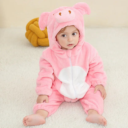 Animal Kigurumi Costume for Babies and Toddlers, Hooded Flannel Jumpsuit with Long Sleeves for Halloween Dress-Up and Family Photos