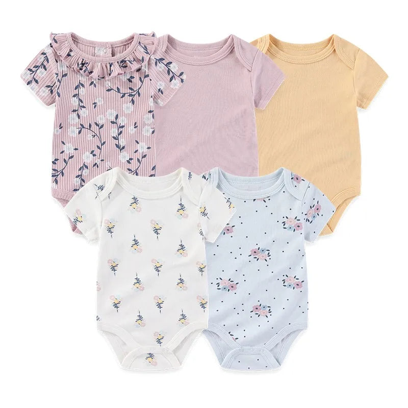 Baby Bodysuit Multipack in Cotton, 4- or 5-Piece Short Sleeve Infant Clothing with Printed and Solid Designs for Boys and Girls, Sizes 3M-12M
