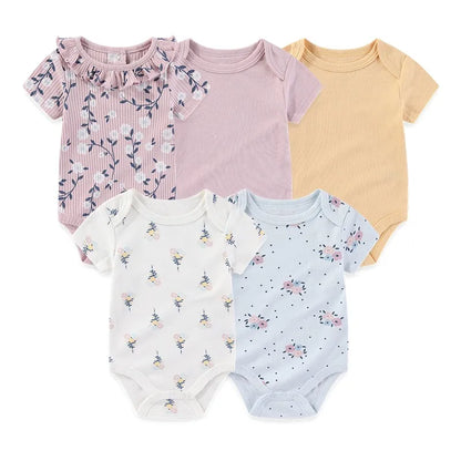 Baby Bodysuit Multipack in Cotton, 4- or 5-Piece Short Sleeve Infant Clothing with Printed and Solid Designs for Boys and Girls, Sizes 3M-12M